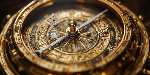 Obraz premium A close-up image of an antique brass compass with a silver needle pointing north