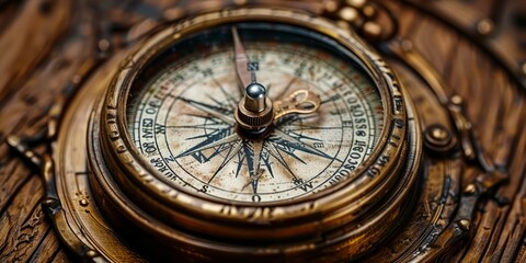 A vintage brass compass with an intricate design and a worn needle