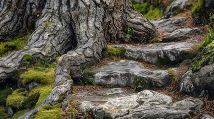 The gnarled rough bark of a tree mixed with the soft smooth moss covering its base creating a natural pathway