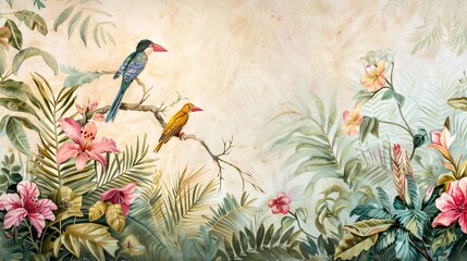 Tropical wallpaper design with paper texture background. Illustration with tropical leaves, flowers and hummingbird. Seamless texture. AI generated illustration