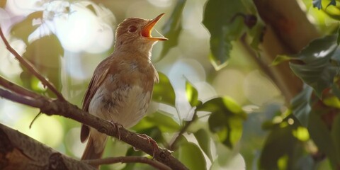 Fototapeta premium A small bird perched on the top of a tree branch, looking around