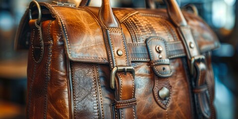 A close-up shot of a brown leather bag with a metal buckle and stitching details