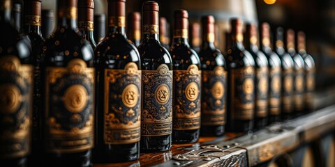 A row of wine bottles with intricate labels sit on a wooden shelf in a winery