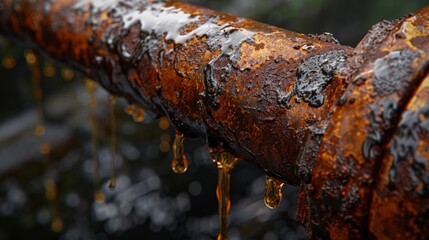 Fototapeta premium A closeup of a rusted pipe leaking oil revealing the rough corroded texture and the shiny liquid seeping out