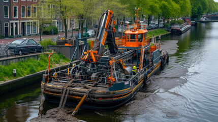 Obraz premium Navigating Waterways: Dredger Barge at Work