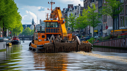 Obraz premium Industrial Canal Cleanup by Dredger Barge