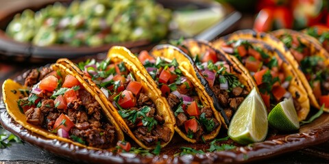 Close-up image of freshly prepared Mexican street tacos with toppings of cilantro, onion, and lime wedges - Powered by Adobe