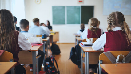 A junior high school class in a middle school. Back view.