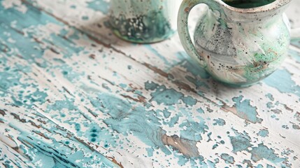 Distressed and weathered this matte ceramic jug features a milky white base with patches of faded blue and green glaze giving it a vintage and antique feel