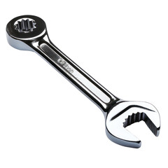 Close-up of a shiny metal combination wrench, perfect for repair, construction, and mechanical projects.