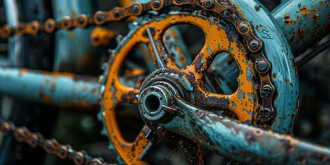 A close-up shot of a rusted bicycle chain and gear system