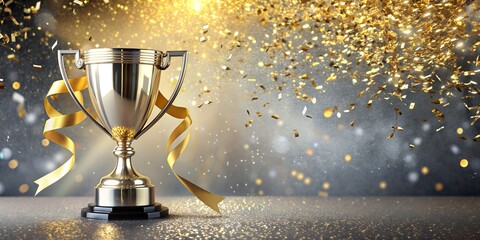 The winner's cup is decorated with gold ribbons, confetti, bokeh, rays of glory on a silver background. Celebration, victory, winning, good luck. For banners, congratulations, postcards, certificates