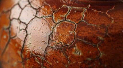 A closeup shot of a smooth glossy surface of a brown glazed vase with small cracks and crevices showcasing the earthy texture