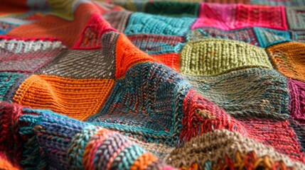 Reminiscent of a patchwork quilt this knitted blanket features a variety of colorful squares and rectangles each with its own unique texture