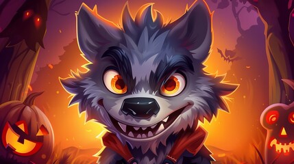 A cartoon-style illustration of a friendly werewolf with a Halloween theme