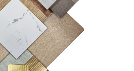 group of interior material samples including brushed gold stainless, bronze laminated, stone tile, wooden flooring tile, white marble quartz, veneer isolated on background with clipping path.