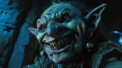 A close-up of a grotesque goblin-like creature with sharp teeth and pointed ears