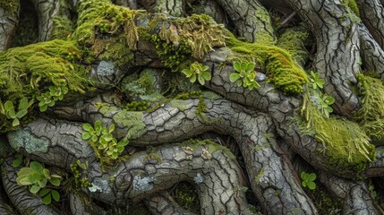 Dappled patches of moss and lichen cling to the twisted roots adding a splash of vibrant green to the otherwise earthy tones