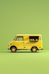 A vibrant yellow food truck parked on a green grassy area, ideal for outdoor events and festivals