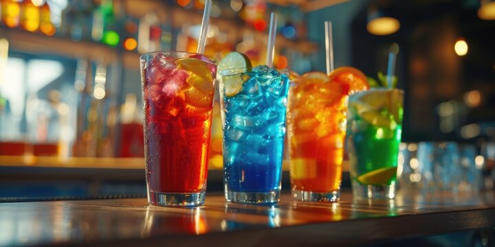 A collection of colorful cocktails and beverages on a bar counter