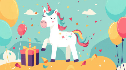 Cute unicorn with gifts and balloons. Birthday party invitation template. Cartoon flat style