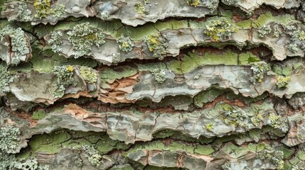 The textured layers of a trees bark are visible as a sea of light green lichen covers the prominent ridges and grooves