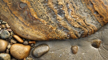 Fototapeta premium A closeup of a pebbles surface revealing intricate patterns and lines formed by erosion