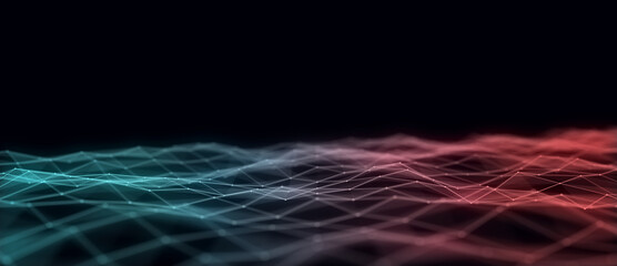 Music color wave of particles and lines. Big data visualization. Abstract blue background with a dynamic wave. 3d rendering.
