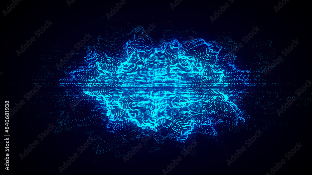 Fototapete Abstract digital blue circle wave on black background. Big data visualization. Analytics representation. Sphere with explosion of bright particles. 3d rendering.