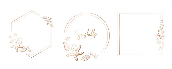 Set of hand drawn line art frames with shells, bubbles, algae and coral. Summer frame for monogram, logo, invitation, postcard, and more. Vintage wreath illustration isolated on white background.