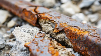 Fototapeta premium The crumbling jagged edges of a bent rebar revealing its brittle nature