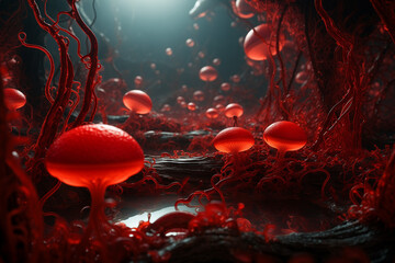 An ethereal red landscape dotted with bioluminescent mushrooms amidst tendrils and ambient light