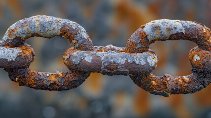 A macro shot of a rusted chain link illustrating the gritty and corroded texture that has formed on the surface of the metal