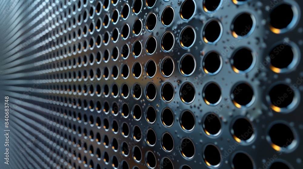 Wall mural a view of perforated metal sheets showcasing an intricate pattern of small circular holes in a repea