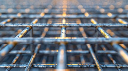 Obraz premium In a tight shot the welded metal grids silvery surface gleams under the light giving off a shiny and metallic texture that hints at its sy construction