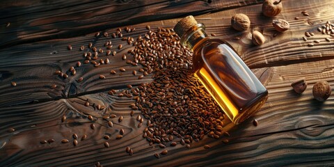 A bottle of coffee sits on a wooden table, ready for use