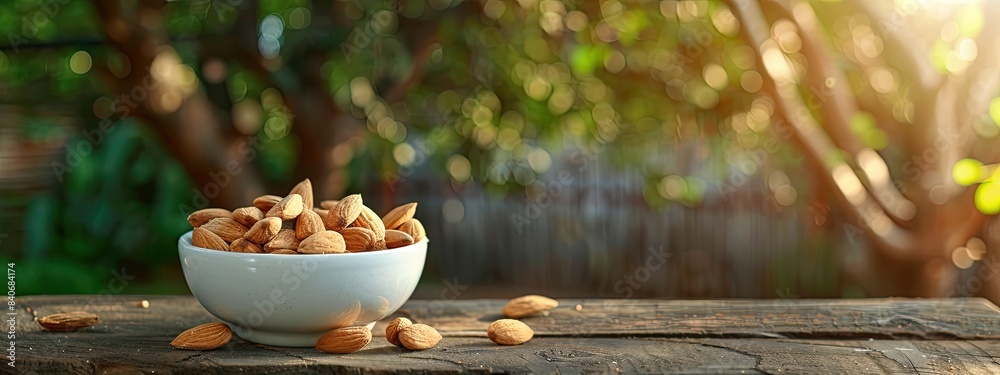 Wall mural almond nuts in a white bowl on a wooden table. selective focus - Wall murals