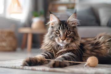 Maine Coon cat relaxing with a colorful ball toy in a stylish living room