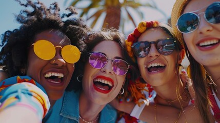 Group of women with sunglasses smiling, great for social media or advertising