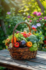 fresh vegetables in a basket on a wooden table. Selective focus