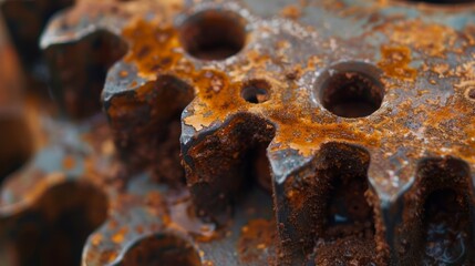 A closeup of a rusty sprocket with a gritty textured surface appearing almost jagged and worn from years of use