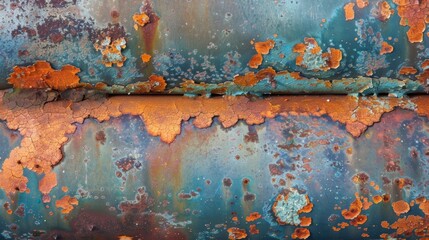 A section of corroded metal pipe with an intricate pattern of bluegreen and orange rust stains