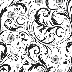 Elegant Black And White Swirling Floral Vector Art Pattern
