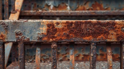A heavily rusted metal railing showcasing a mixture of deep reddishbrown tones and rough jagged edges where the rust has eaten away at the metal