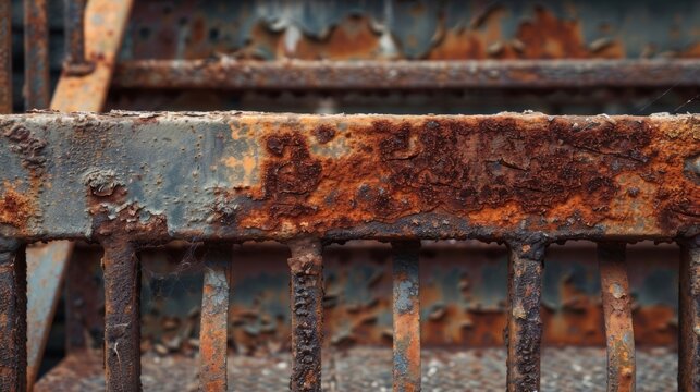 A heavily rusted metal railing showcasing a mixture of deep reddishbrown tones and rough jagged edges where the rust has eaten away at the metal