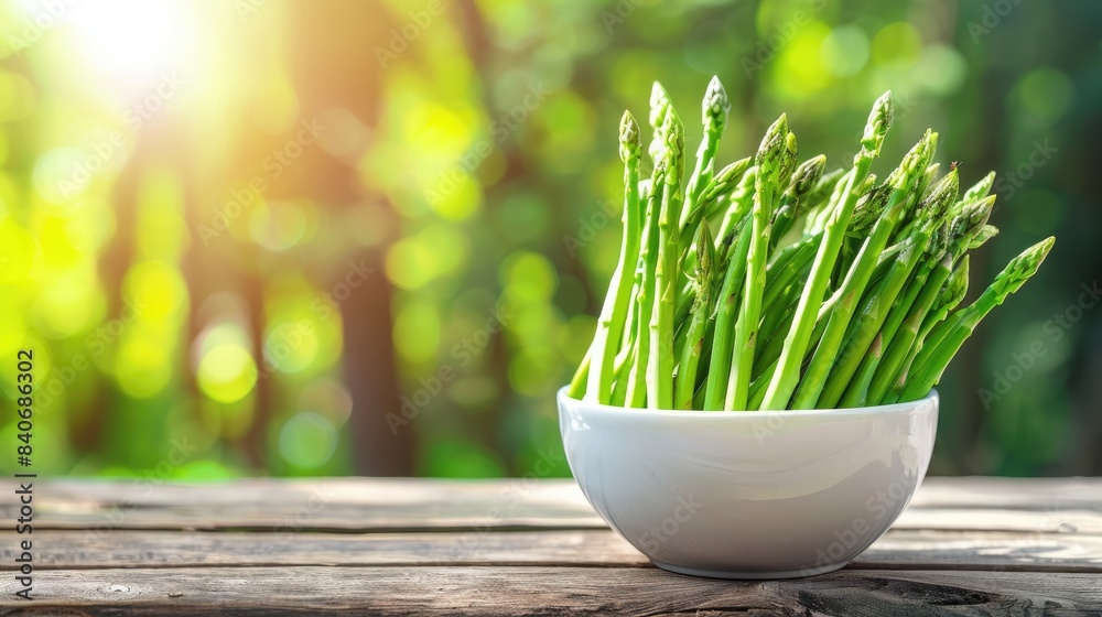 Wall mural Asparagus risotto dish on wooden table