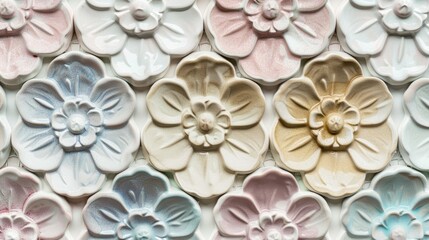 Floral Medallions Delicate flowershaped tiles in soft pastel colors arranged in circular medallions for a whimsical and elegant look