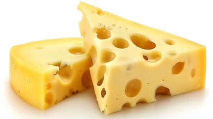 Swiss cheese with big holes, cut in triangle shape and isolated on white background. High-quality photo