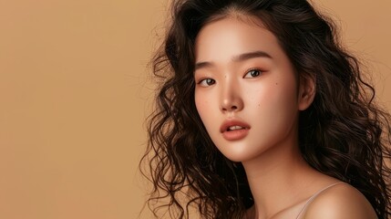 Fototapeta premium Young Asian beauty woman sexy model wearing V neck tank top, curly long hair, Korean makeup style on her face and perfect skin, isolated beige background, photo realistic, ample copy space