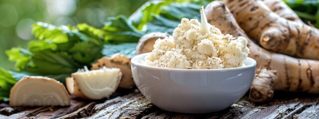 Fototapeta premium horseradish in a white bowl on a wooden table. Selective focus